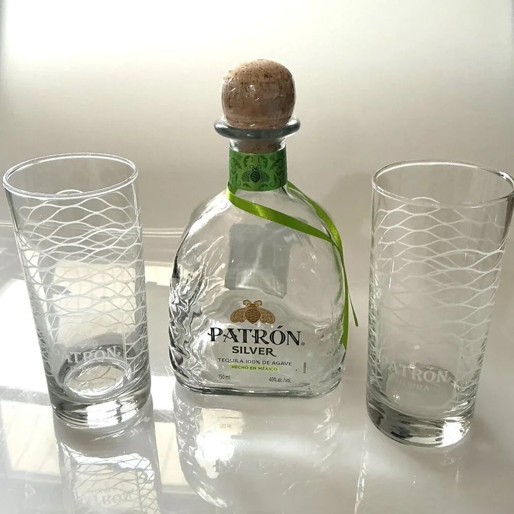 PATRON TEQUILA BOTTLE WITH BAR GLASSES SET NEW BOTTLE DESIGN EMPTY BOTTLE